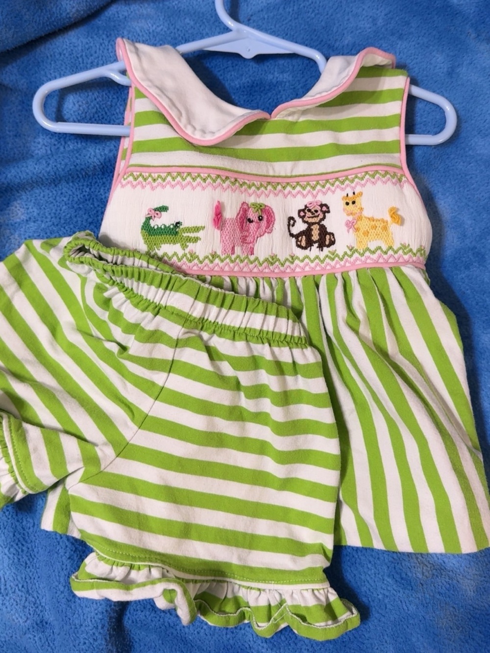 Green & White Zoo Smocked Short Set